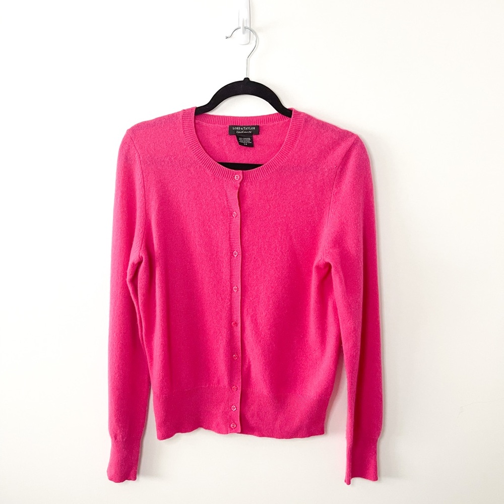Lord & Taylor Fuchsia Pink Cashmere Button Down Cardigan Size Medium